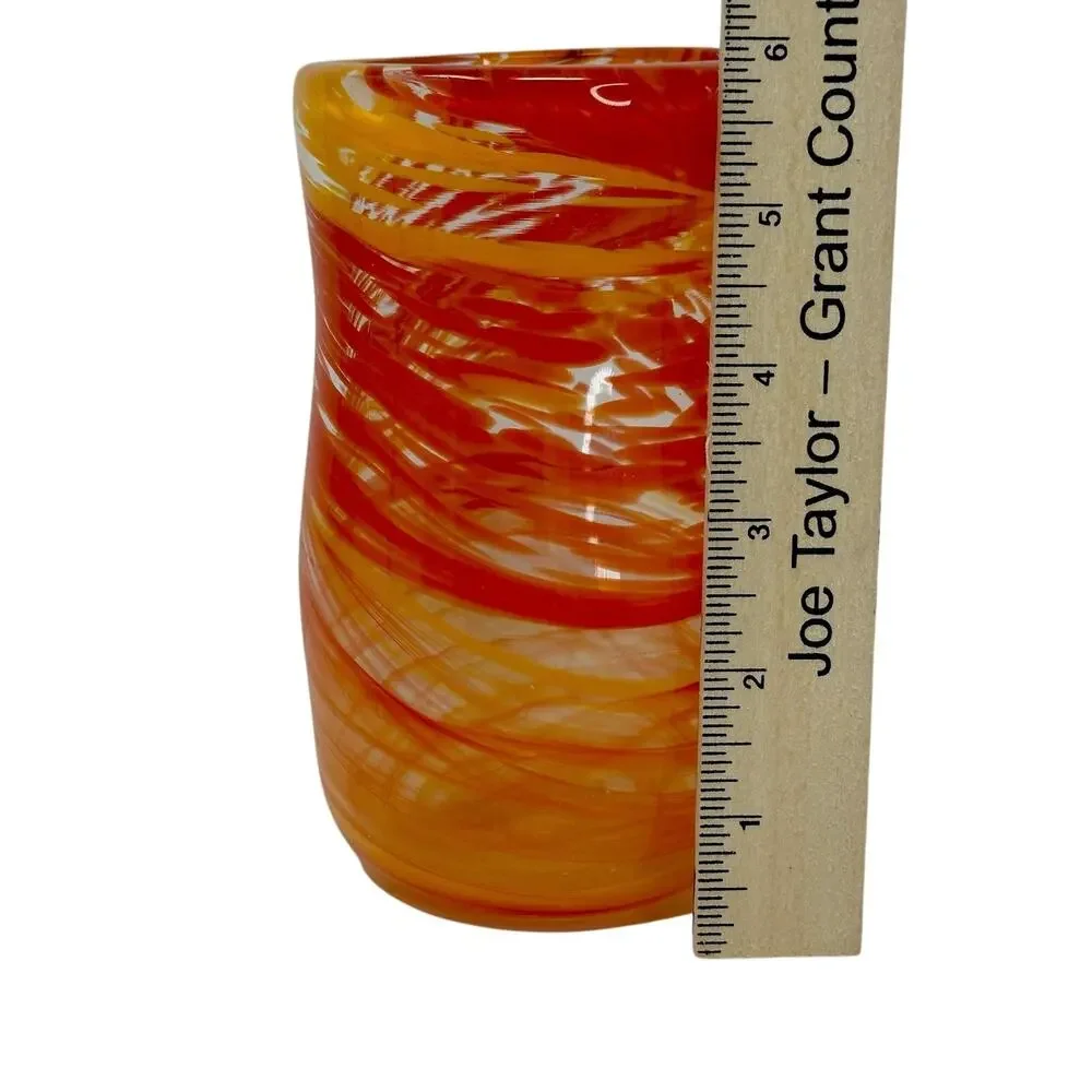 Glass Hand blown Vase W/ Red & Orange Swirl 6” Tall, 3” Top